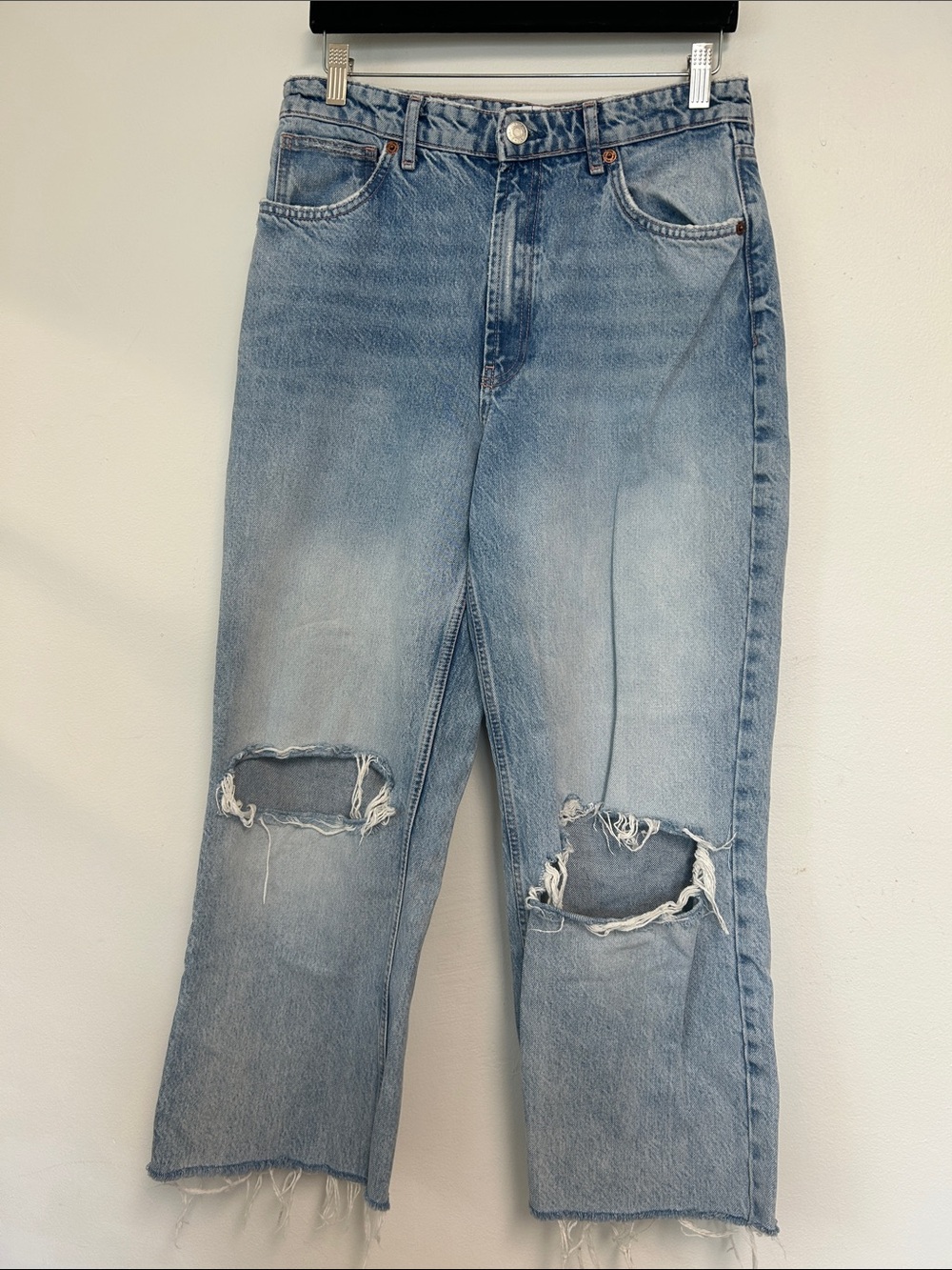 Zara High-Rise Wide Leg Full Length Distressed Raw Frayed Hem Jeans Womens 10
